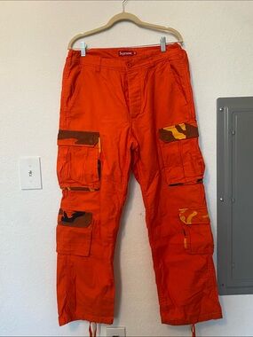 Supreme Orange Cargo Pants with Camo Pocket Accents
